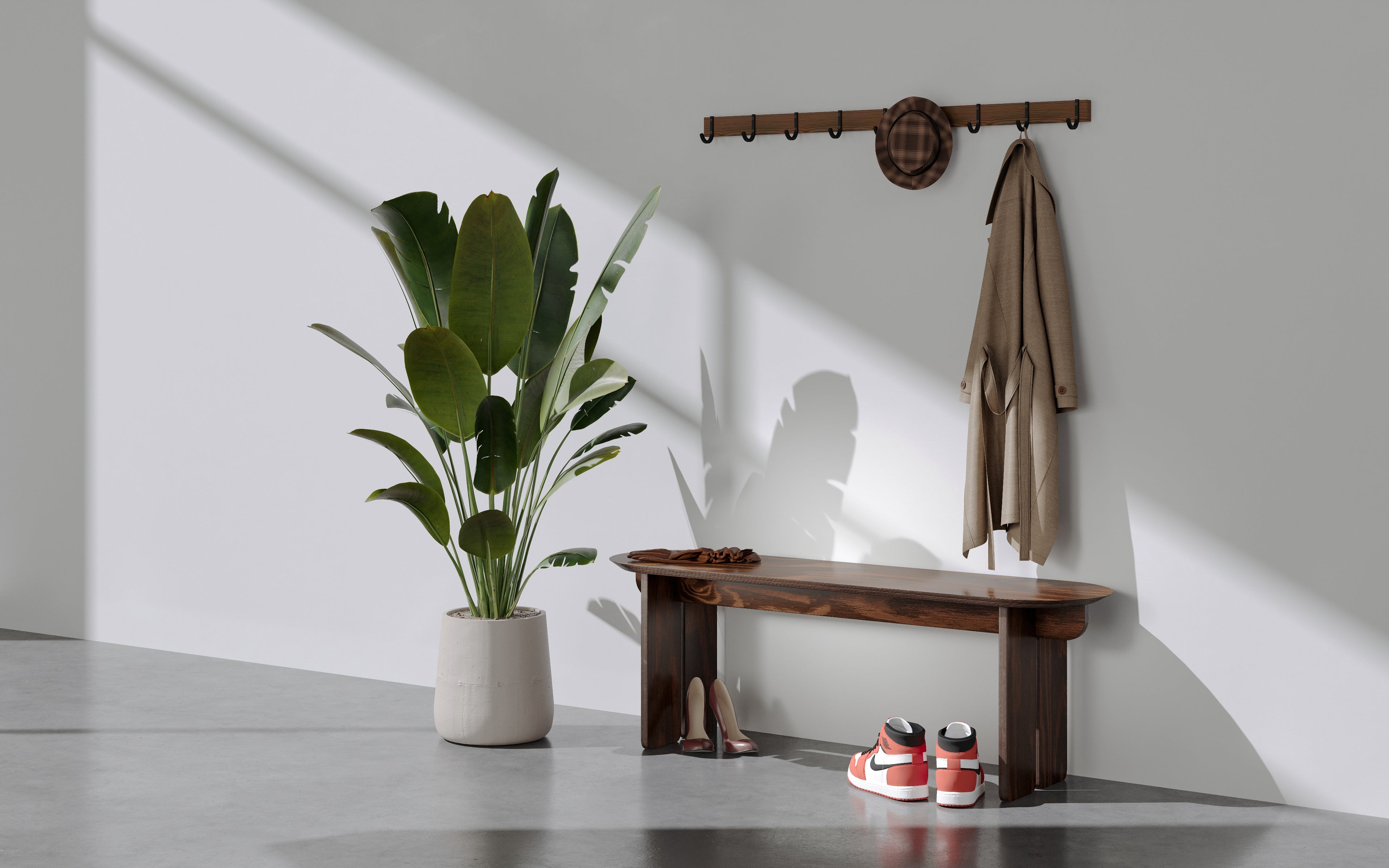 A wooden bench with a coat rack and shoes, providing a convenient spot to sit and store outerwear.