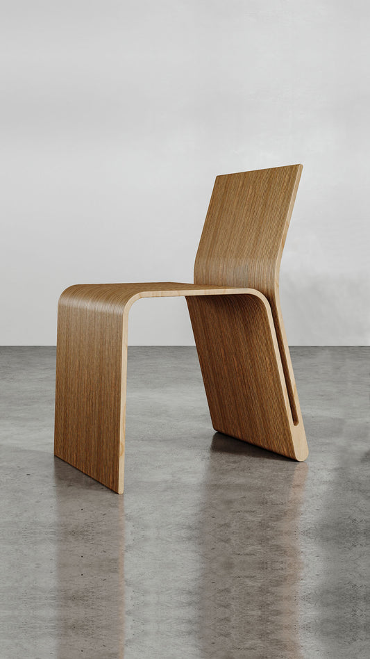 A modern wooden chair with a gracefully curved backrest.