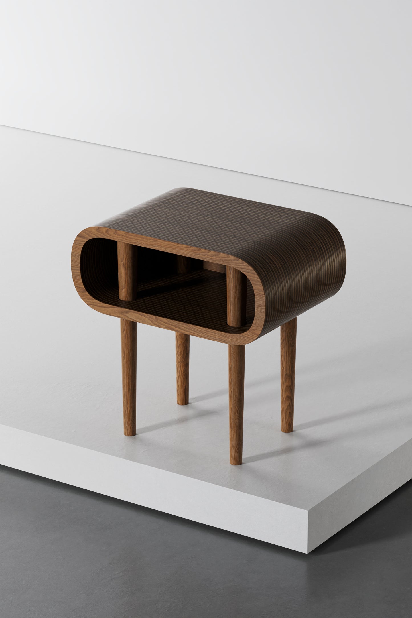 Wooden pedestal with unique curved design.