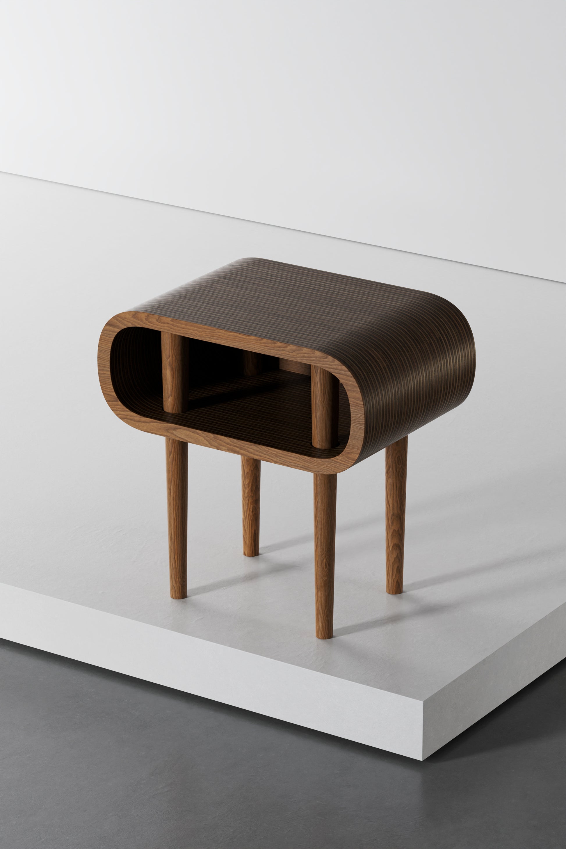 Wooden pedestal with unique curved design.