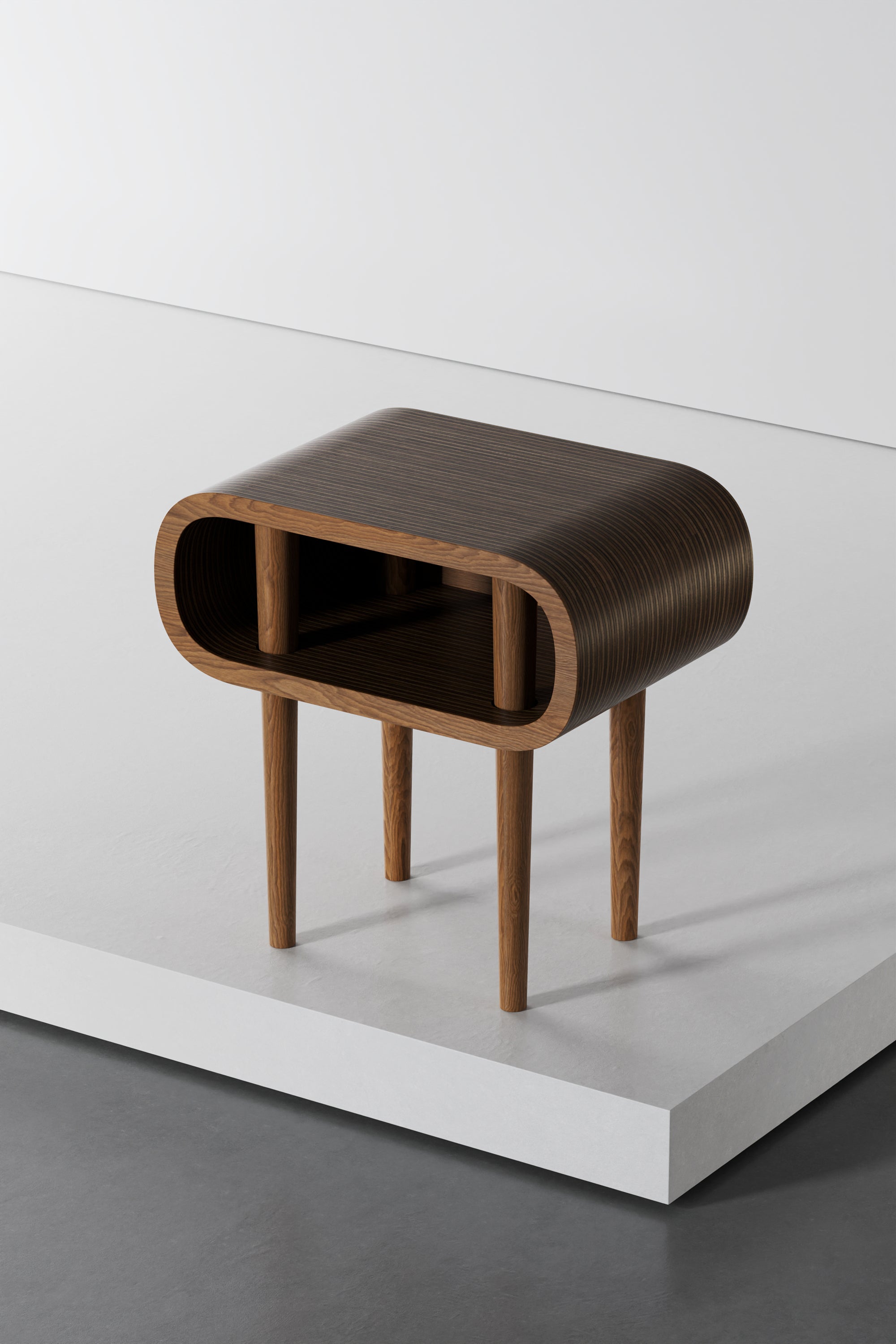Wooden pedestal with unique curved design.